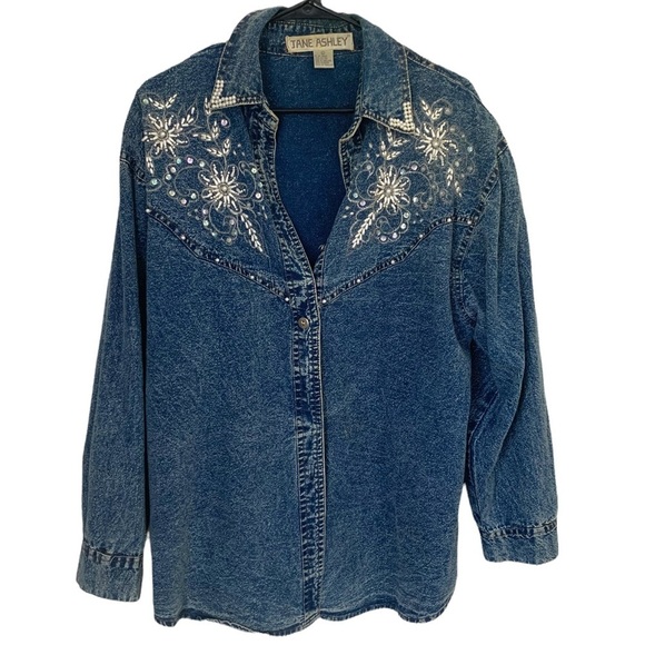 Floral Embroidered Vintage Acid Washed Denim Shacket - Picture 1 of 4
